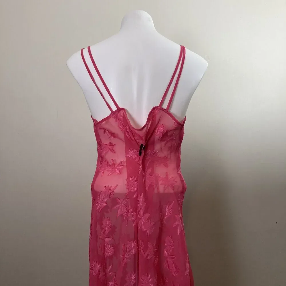 Vintage Lingerie Y2K Sheer Floral Bias Cut Slip Hot Pink Romantic Size Large - Picture 2 of 8